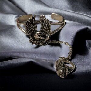 EAGLE‎ SKULL SLAVE Cuff Bracelet Ring Size 5 Attached Chain Silver Tone Metal